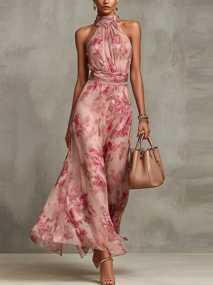 Vestido Maxi Halter en Chiffon Verde con Flores