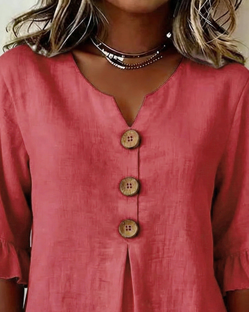Laura | Blusa de lino con volantes y botones