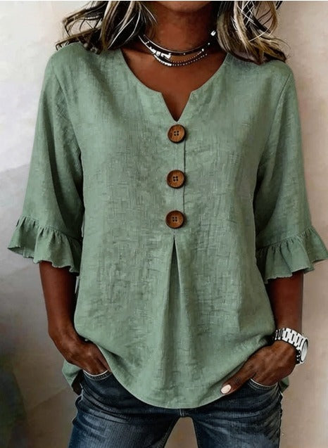Laura | Blusa de lino con volantes y botones