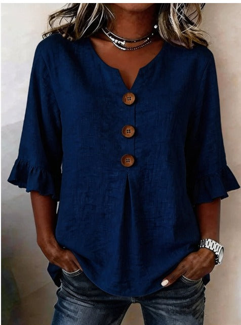 Laura | Blusa de lino con volantes y botones