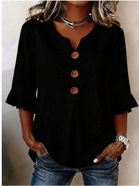 Laura | Blusa de lino con volantes y botones