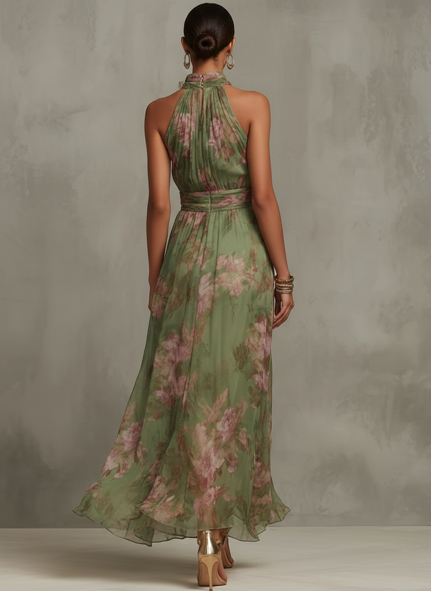 Vestido Maxi Halter en Chiffon Verde con Flores