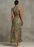 Vestido Maxi Halter en Chiffon Verde con Flores