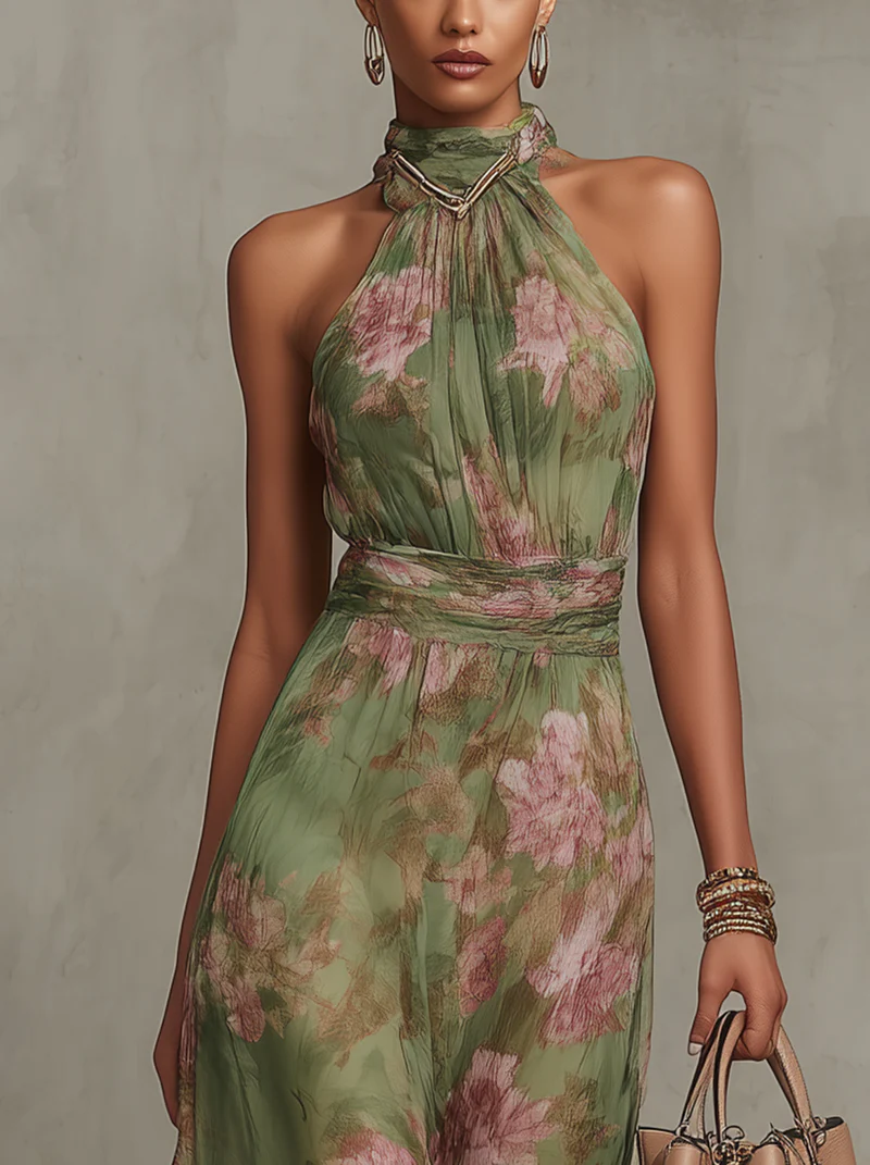 Vestido Maxi Halter en Chiffon Verde con Flores