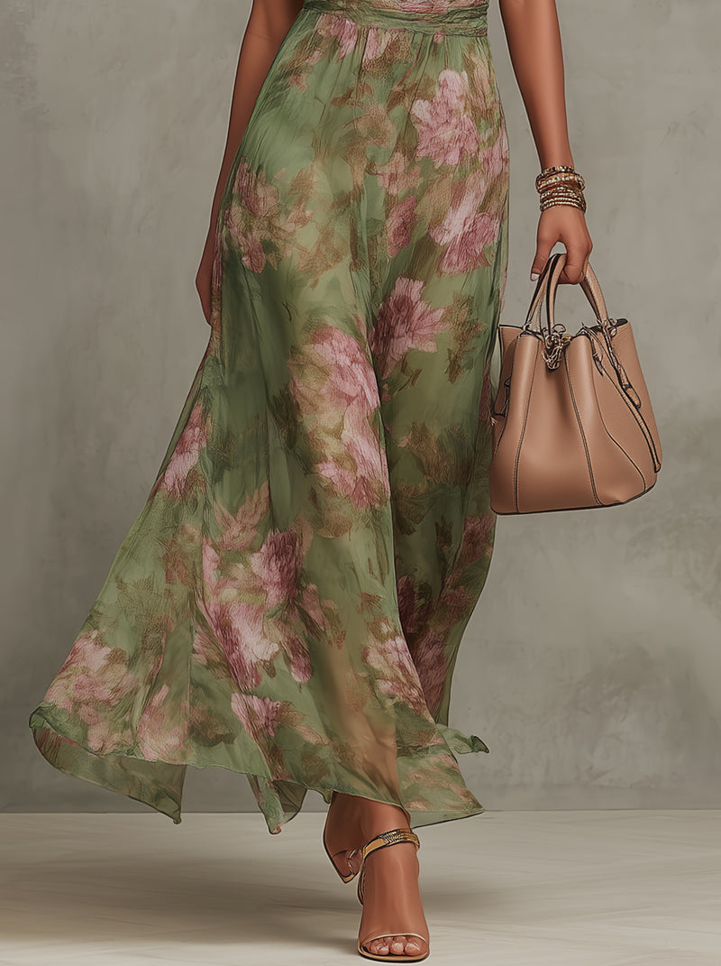 Vestido Maxi Halter en Chiffon Verde con Flores