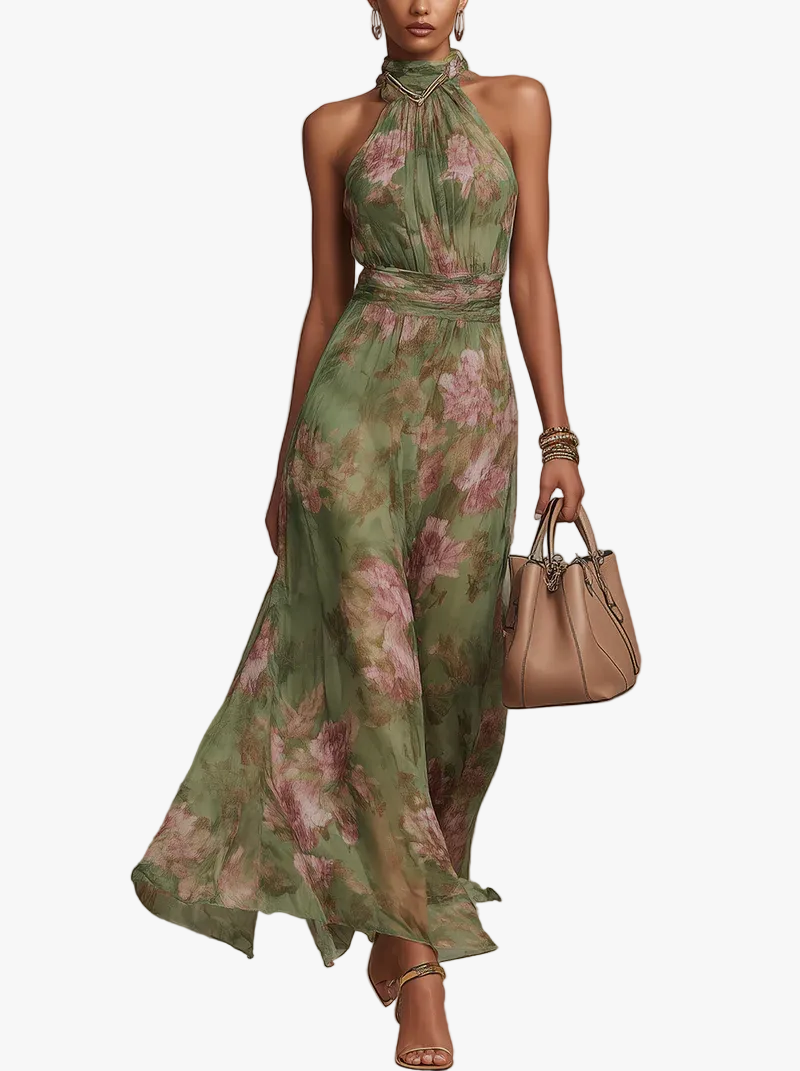 Vestido Maxi Halter en Chiffon Verde con Flores