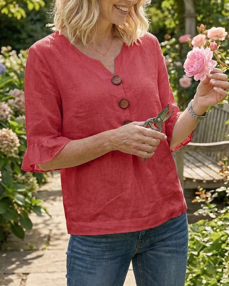 Laura | Blusa de lino con volantes y botones