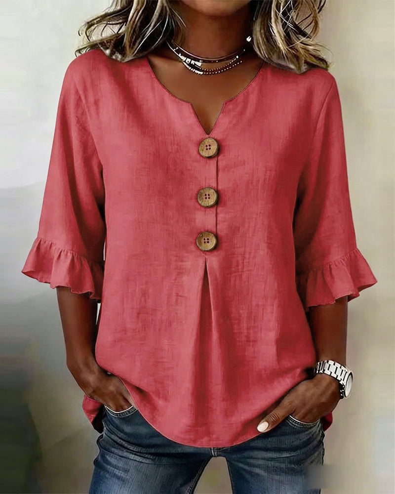 Laura | Blusa de lino con volantes y botones