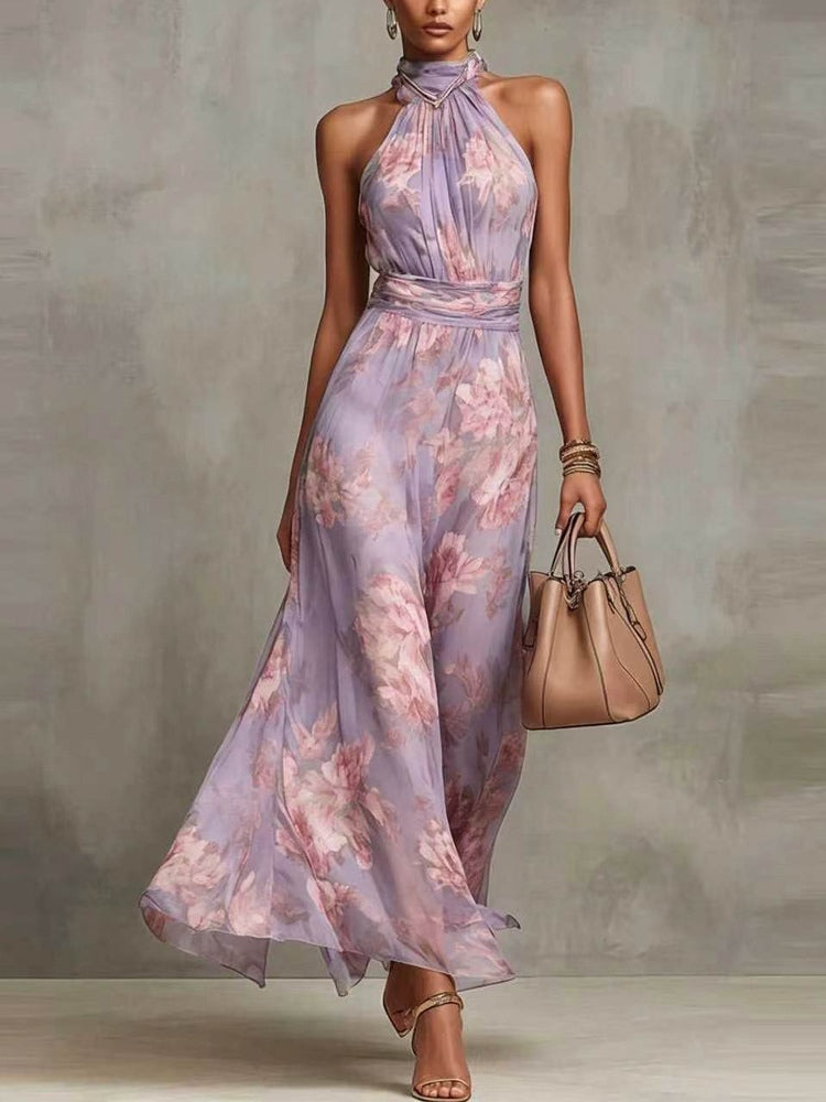 Vestido Maxi Halter en Chiffon Verde con Flores